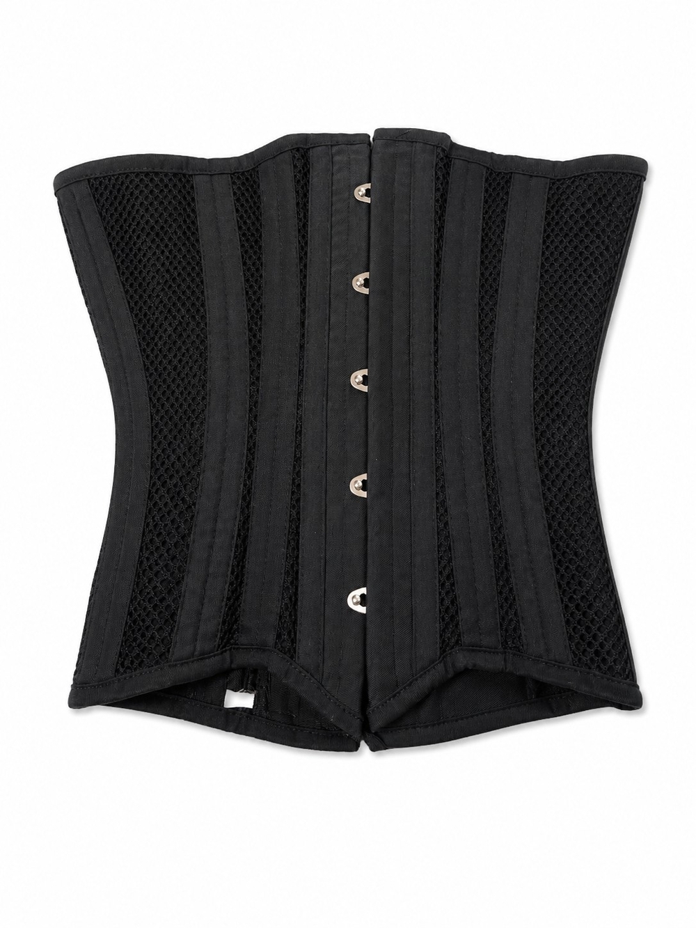 Black Mesh Waist Corset With Silver Front Clips And Lace Up Back